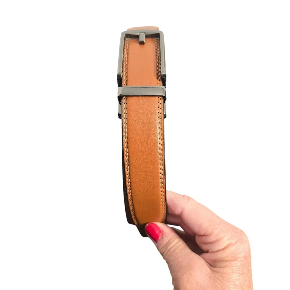 CHAOREN Mens Ratchet Belt Tan Brown Leather Gunmetal Slide Buckle Dress Belt NEW